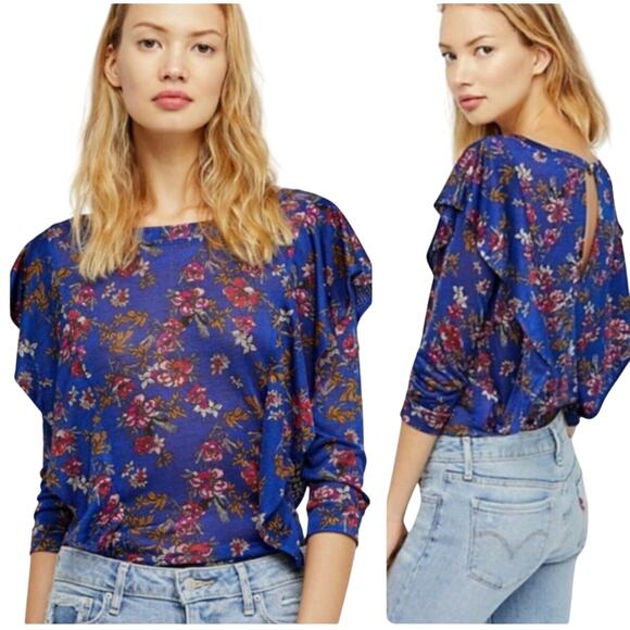 FREE PEOPLE Women’s Blue & Red Floral Ruffle Trim Boho 3/4 sleeve top - Picture 1 of 5
